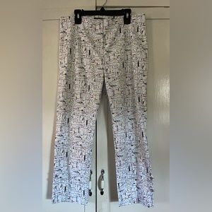 INSIGHT White Abstract Modern Print Pull On Stretch Cuff Capri Pant